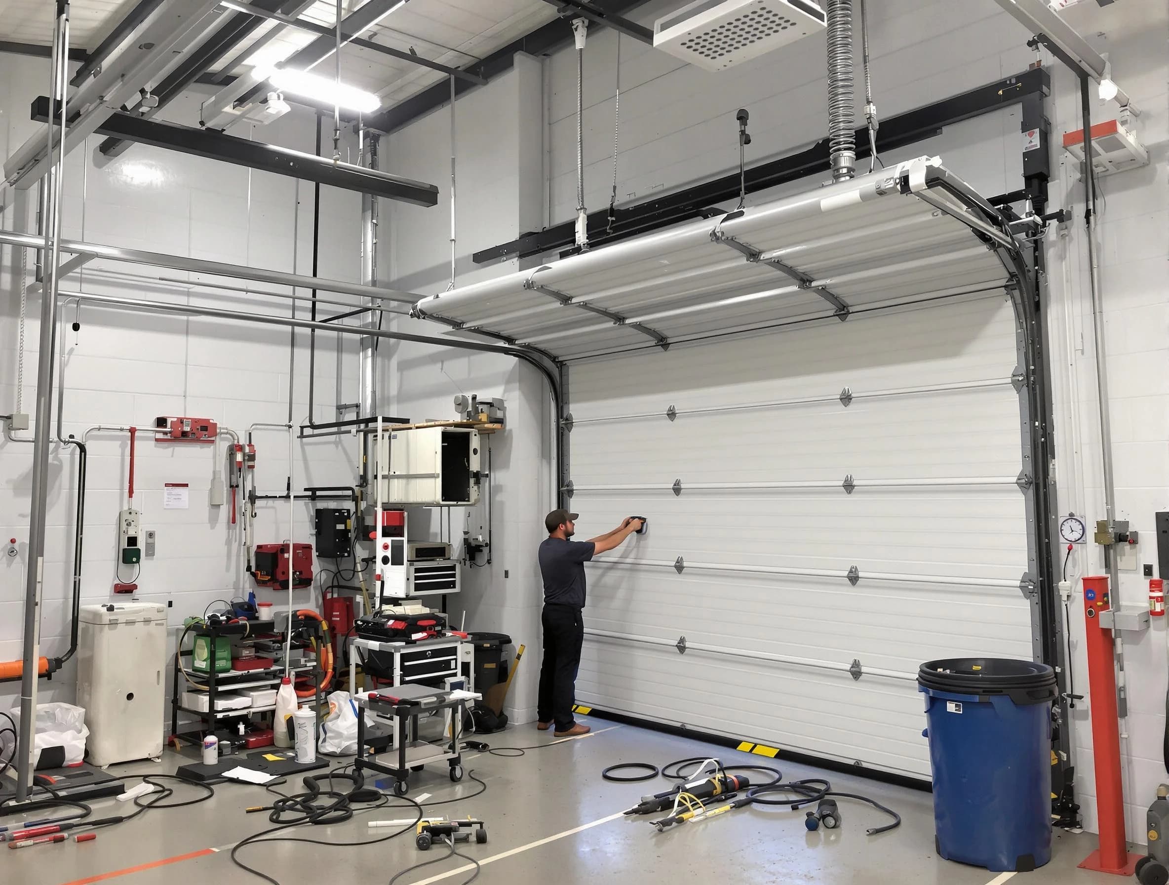 Queen Creek Garage Door Repair certified technician performing commercial door repair at a Queen Creek business facility