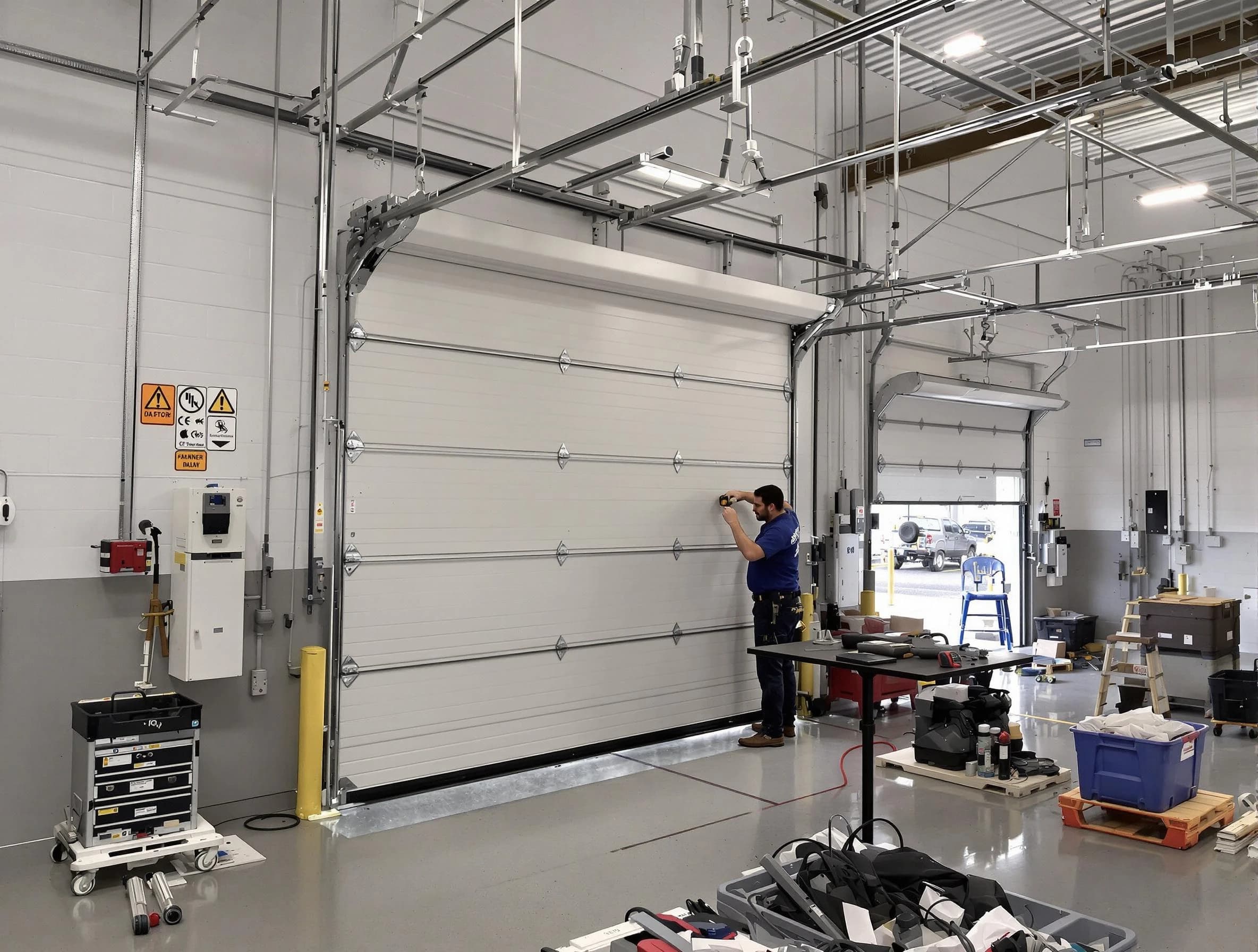 Commercial garage door repair being performed by Queen Creek Garage Door Repair expert in Queen Creek