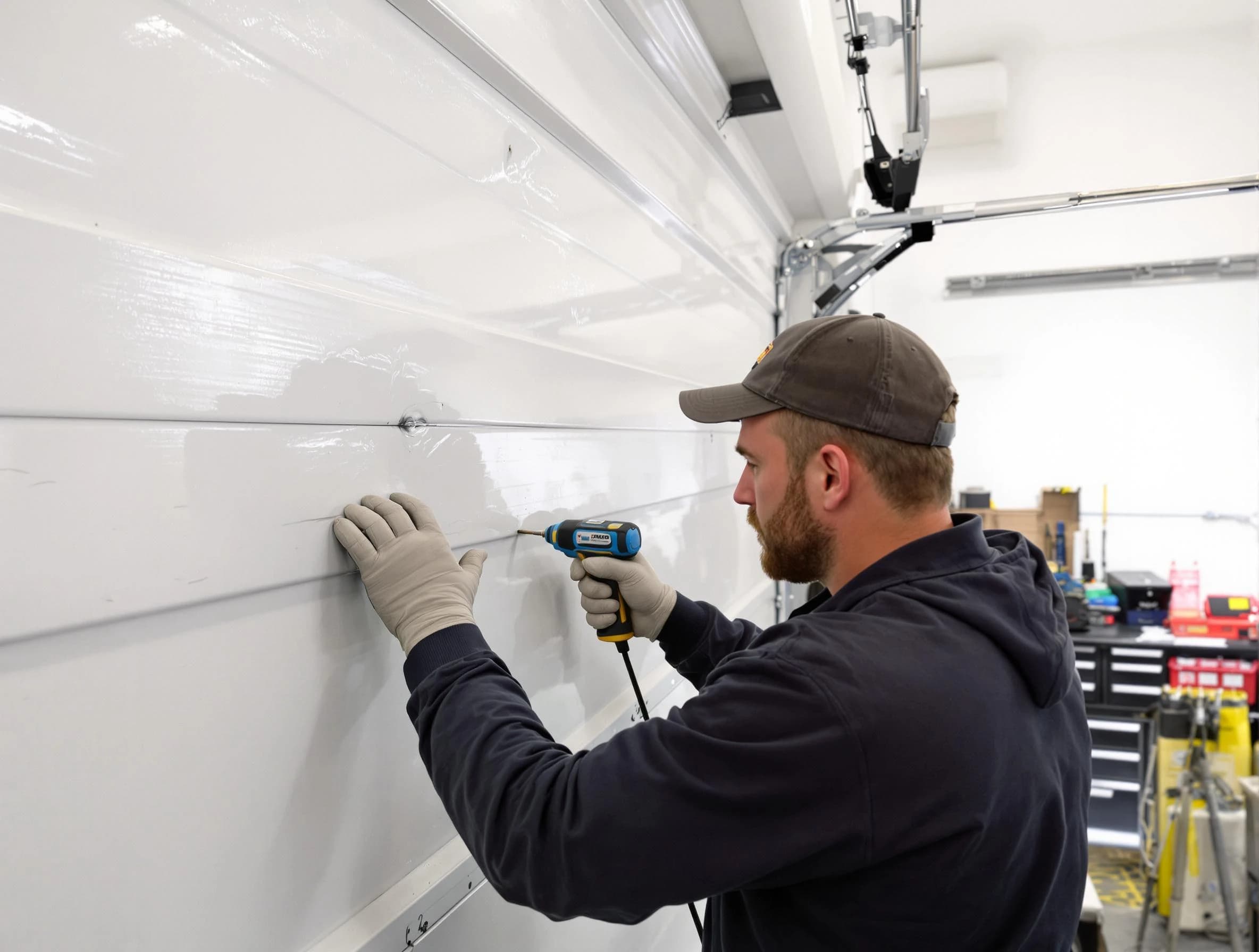 Queen Creek Garage Door Repair technician demonstrating precision dent removal techniques on a Queen Creek garage door