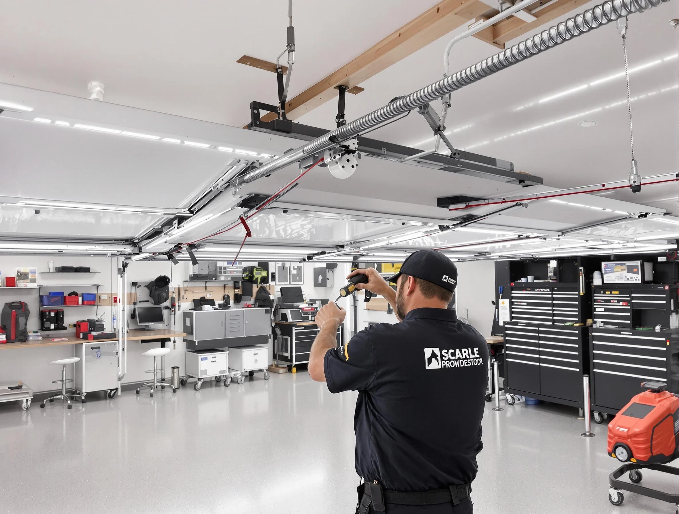 Queen Creek Garage Door Repair technician repairing overhead garage door in Queen Creek